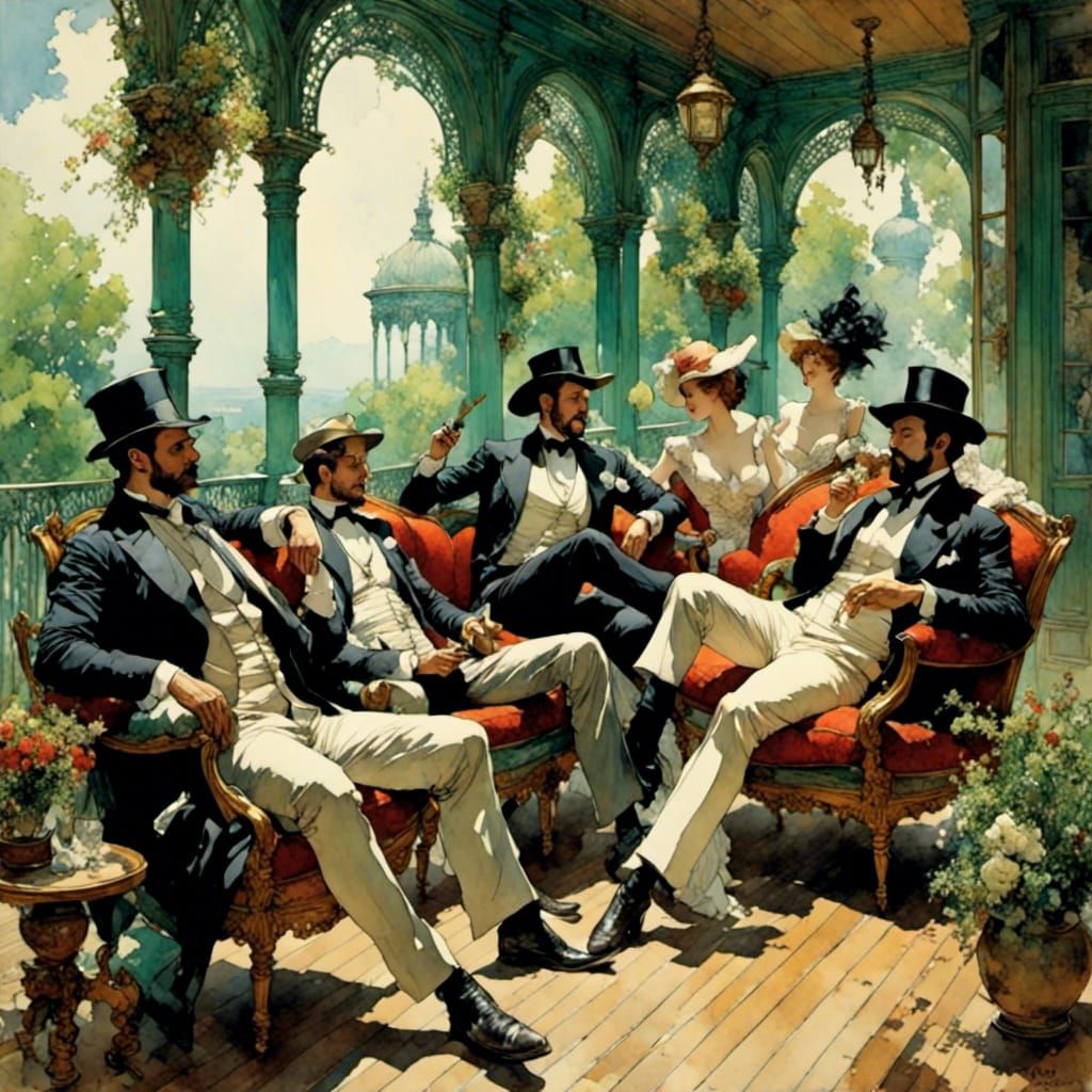 Southern Gothic Men Relaxing: Romantic Watercolor Style