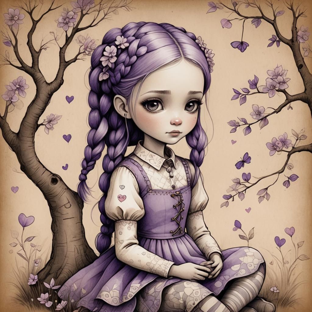 Pastel Sketch of Girl with Braids Under Tree