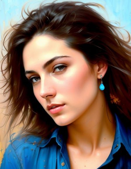 Expressive Portrait of Woman in Blue, Oil Painting Style