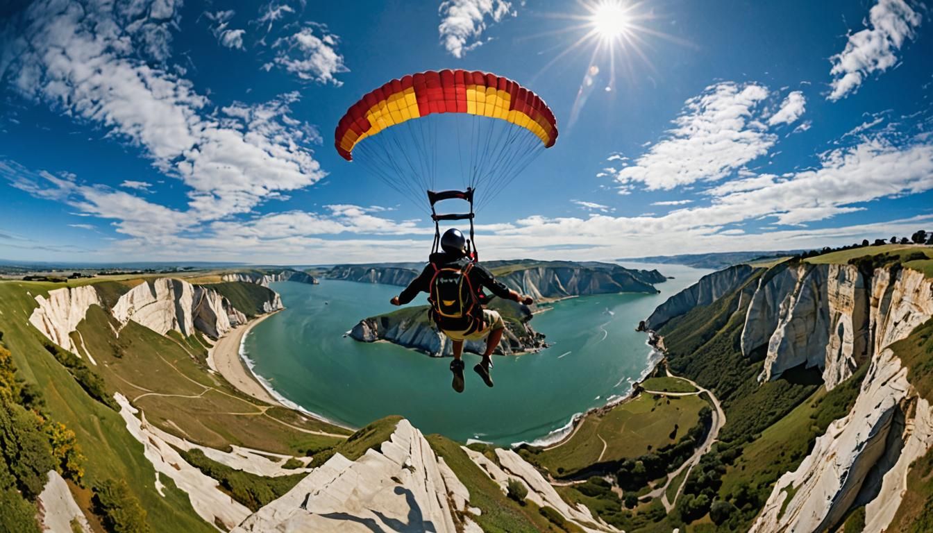 a man flying through the air on top of a parachute