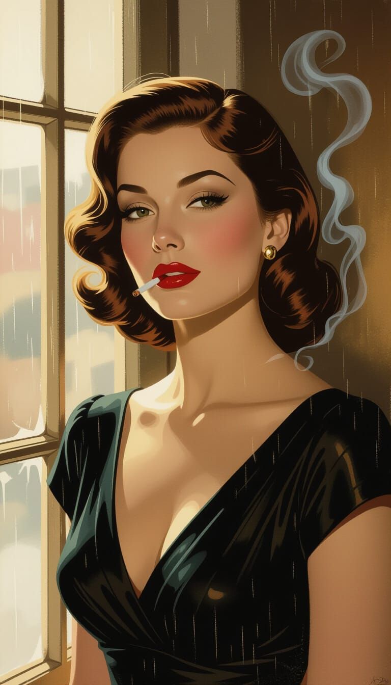 Elegant Woman by Rainy Window in Golden Light