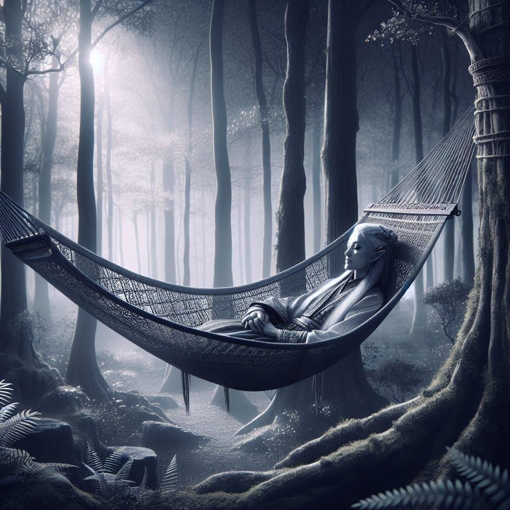 Elven Woman Sleeps Peacefully in Moonlit Grove