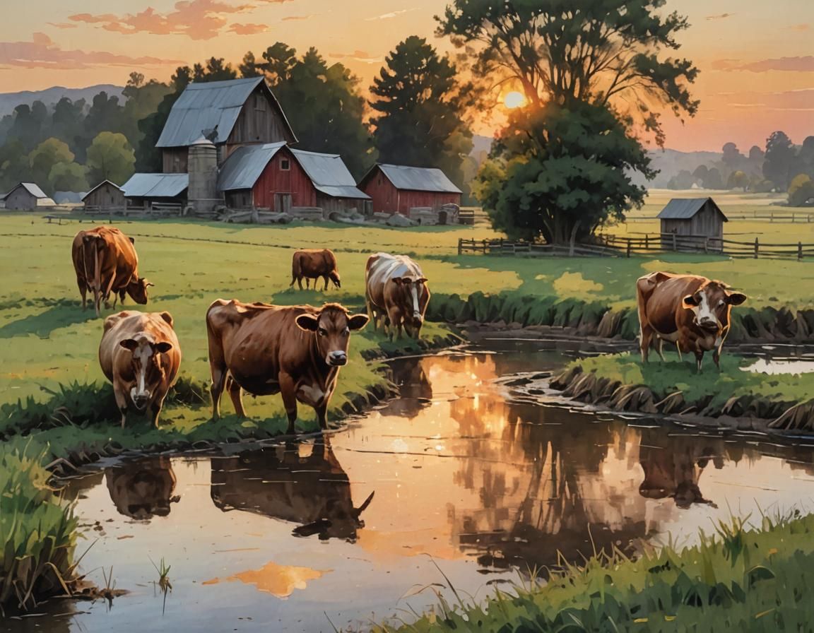 Cows in Field at Sunset, Shin Hanga Style