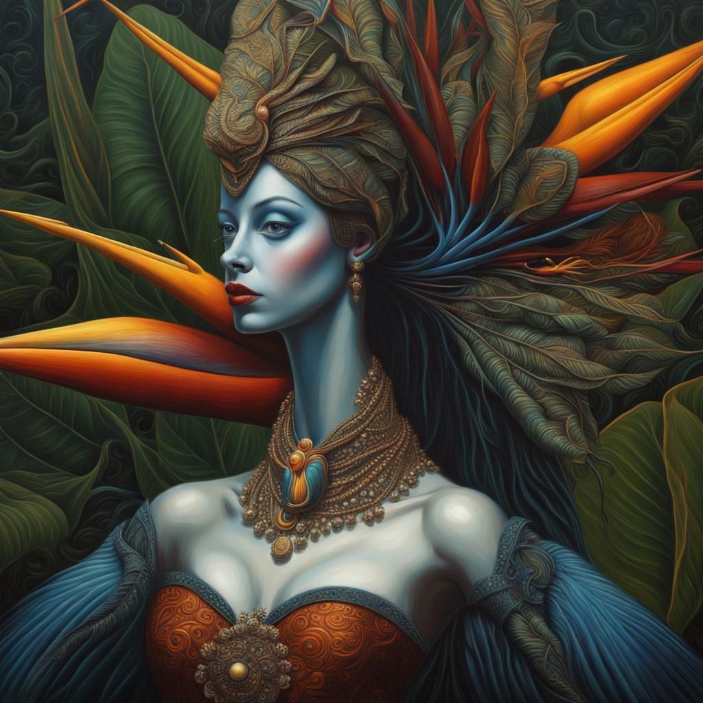 Dark Art Bird of Paradise Flowers in Surreal Style