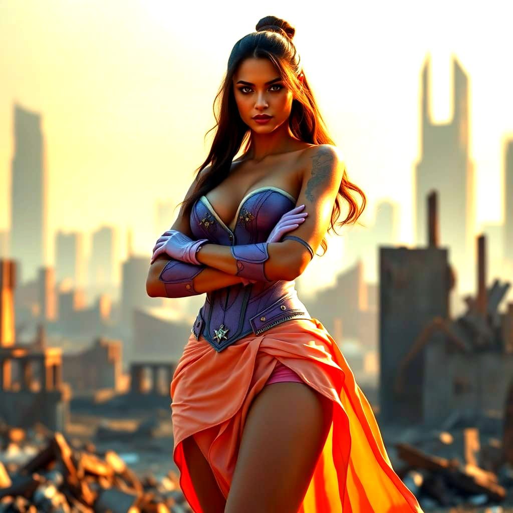 Cyberpunk Princess in Haunting Post-Apocalyptic Cityscape