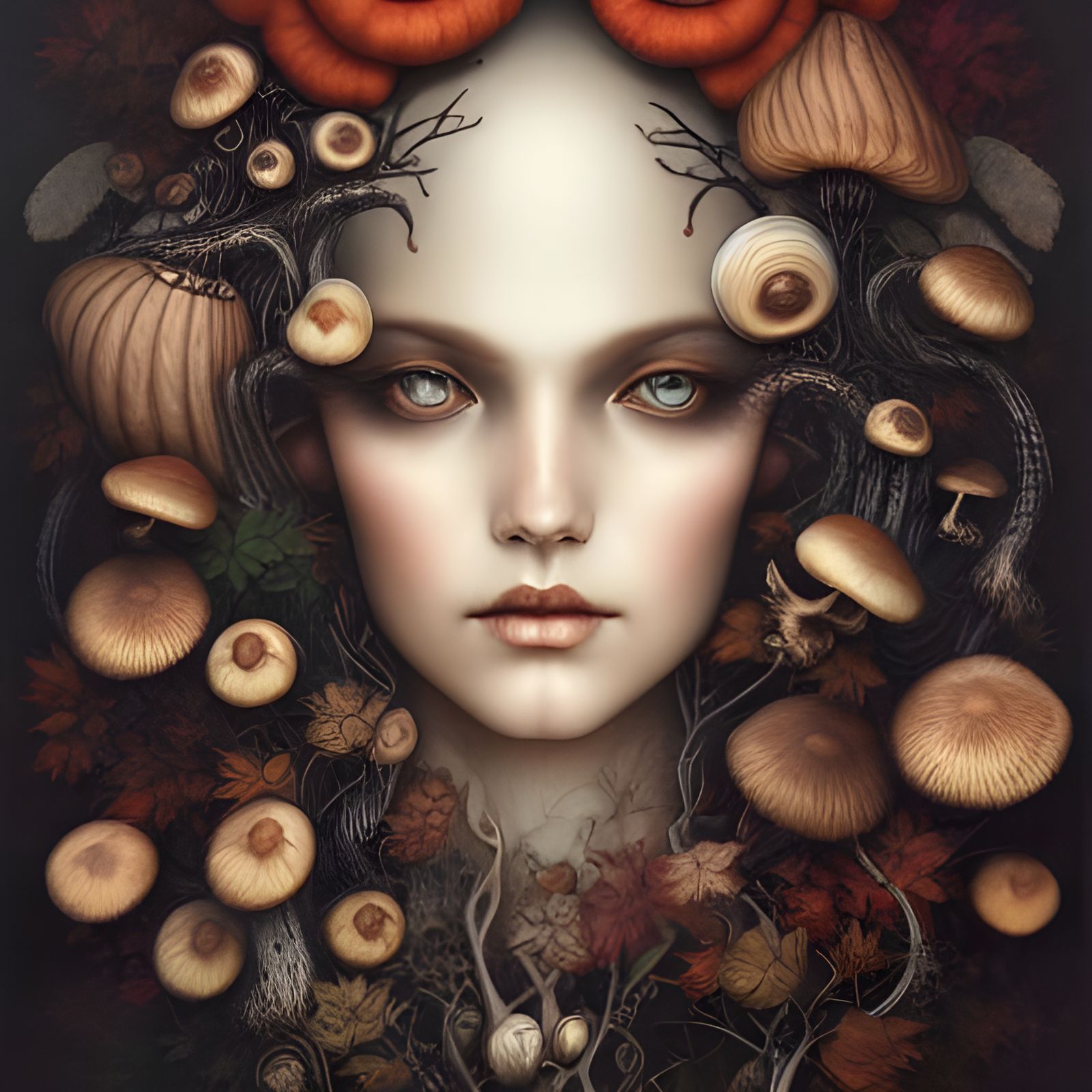 Autumn Mushroom Portrait in Surrealist Style