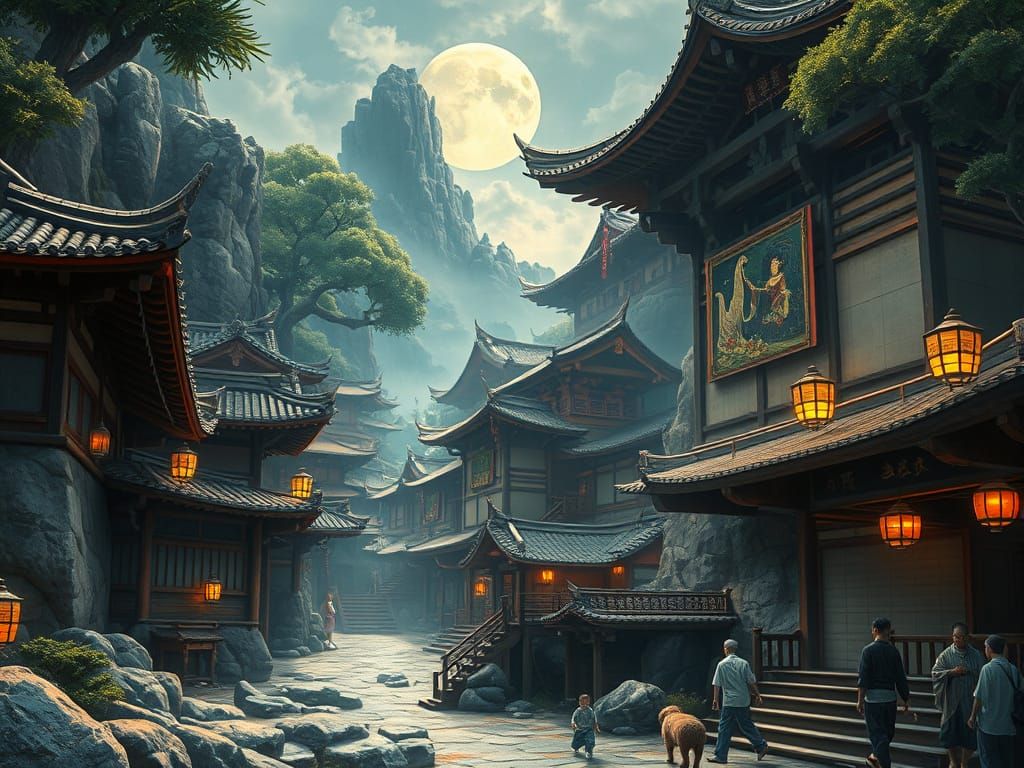 Ancient Japanese Fantasy God Village in Hyperdetailed Lithog...