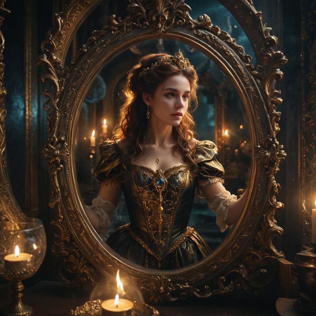 Mystical Sorceress Gazing into Magic Mirror