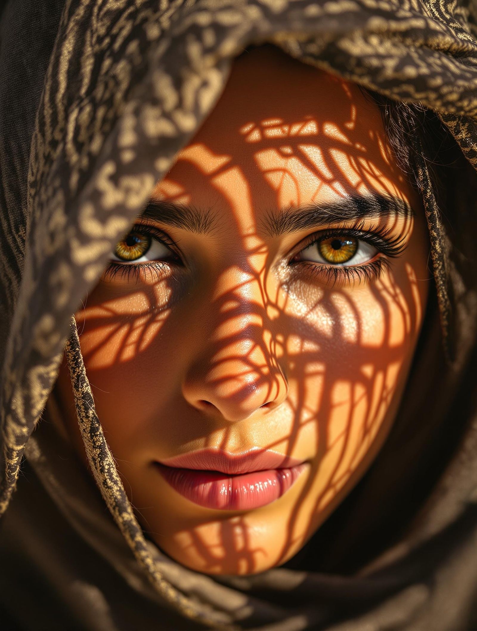 Full scape portrait of the face of an Arabian girl basking in the sun, her face partially covered by veil, showing shado...
