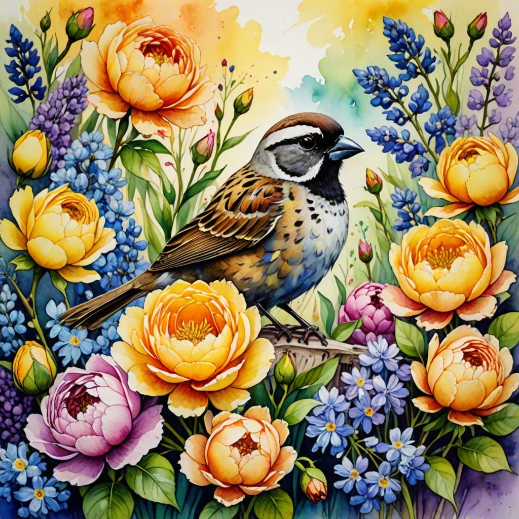 Whimsical Watercolor Bird in a Flower Nest