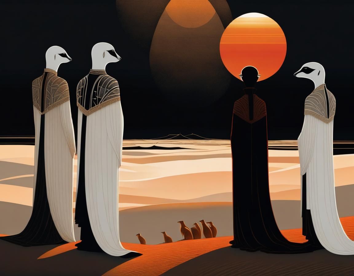 Meerkats Watching Desert Sunrise in Illustration Style
