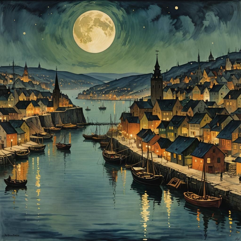Moonlit Harbor in Watercolor Style