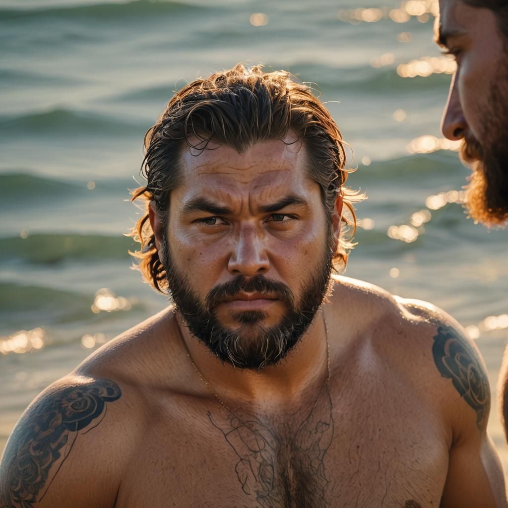 Muscular Bearded Man Watches Ocean Player