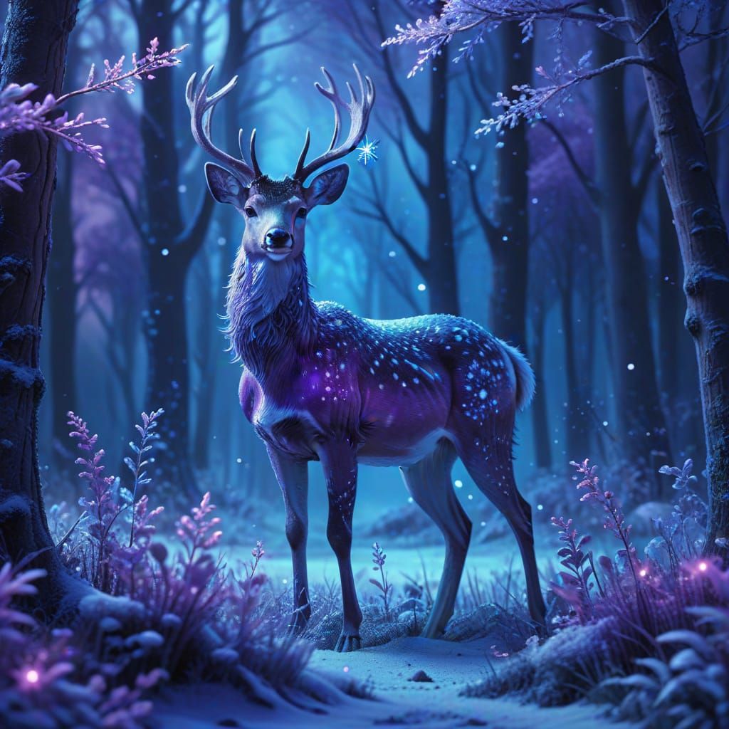Mystical Deer in Winter Forest Watercolor