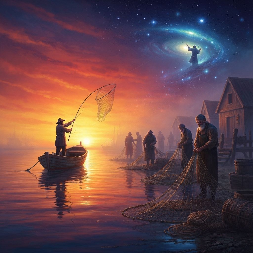 Celestial Fisherman in Cosmic Sunset Digital Painting