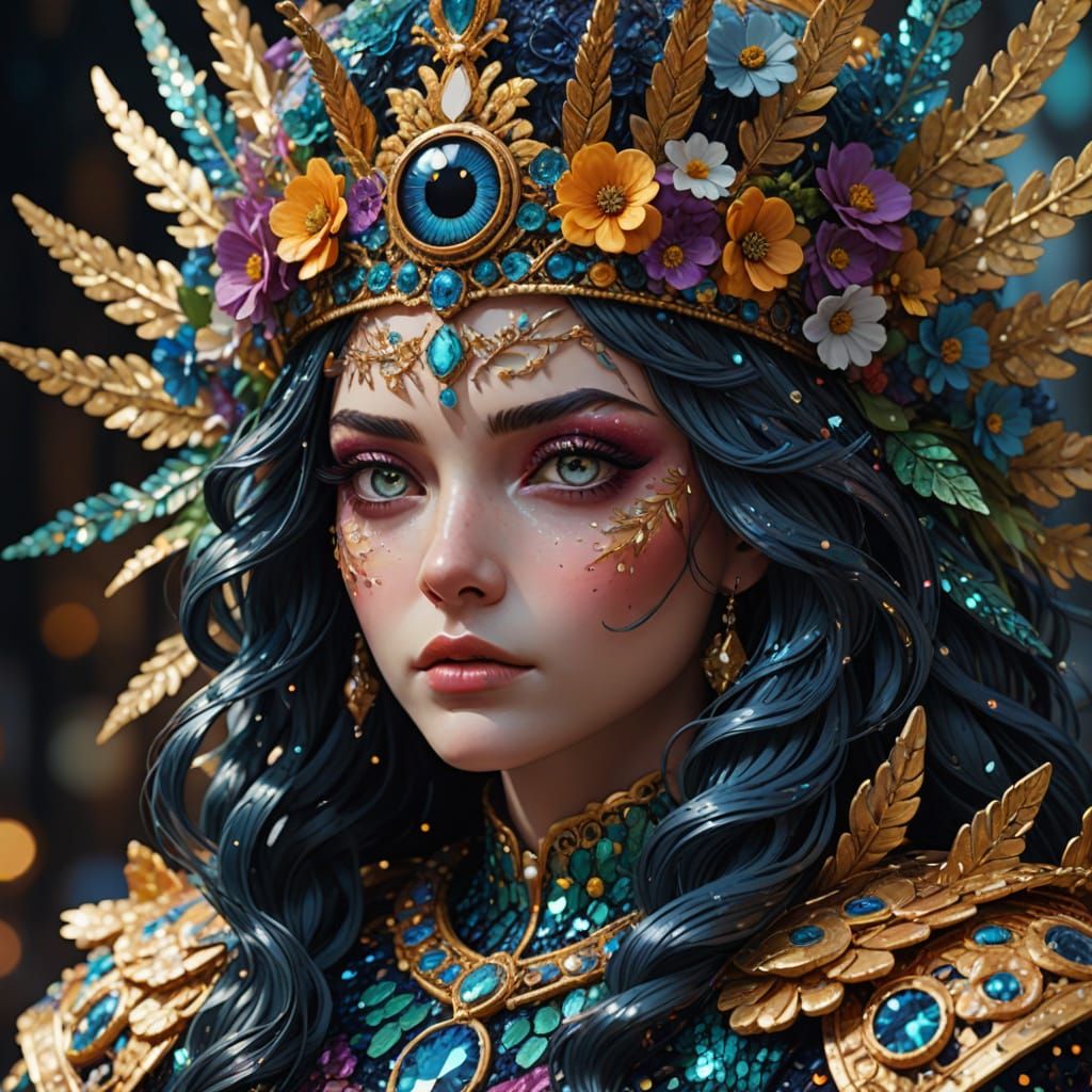 Sequin Creature Portrait on Yarn Throne