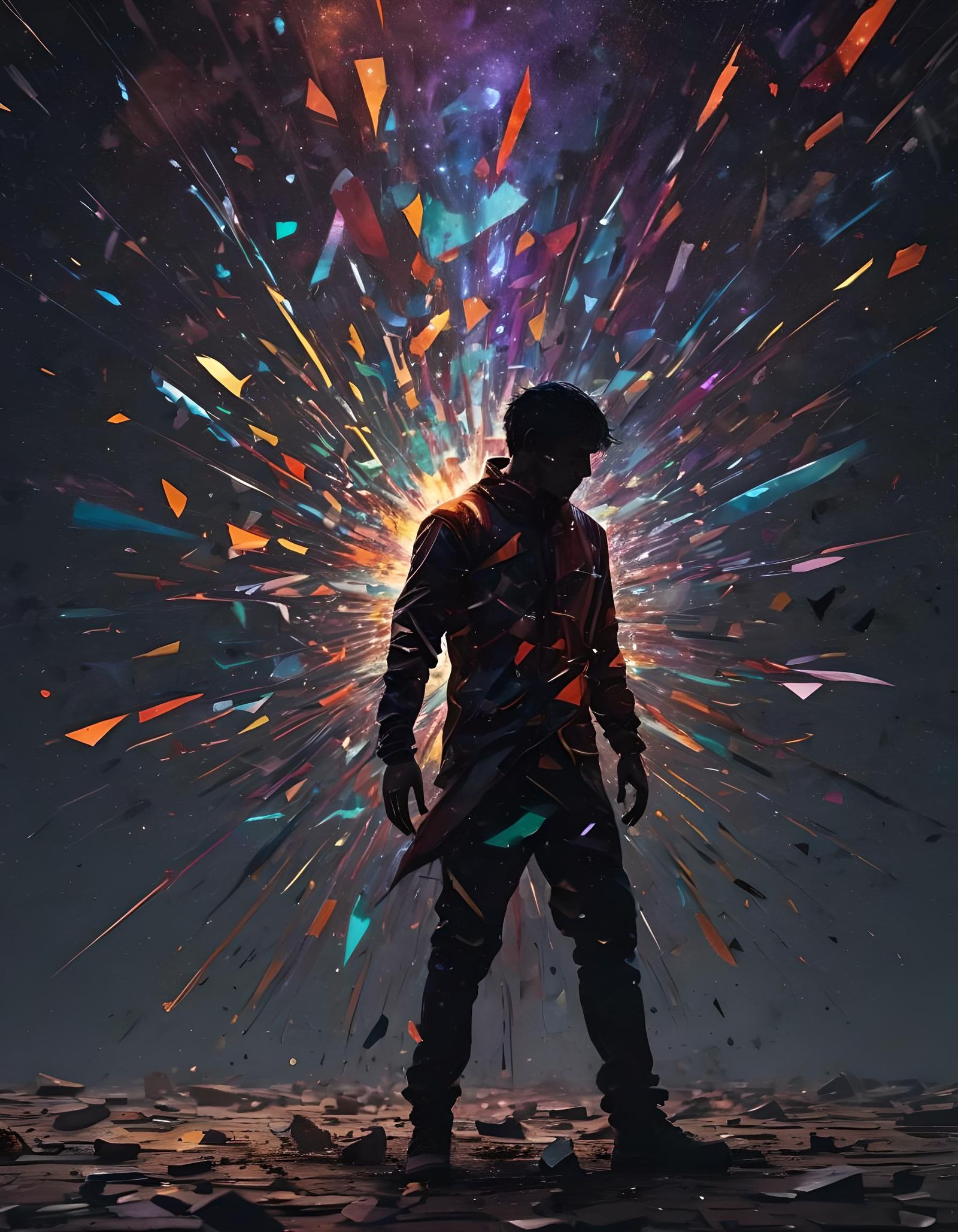 Fractured Silhouette: Colorful Glass Explosion