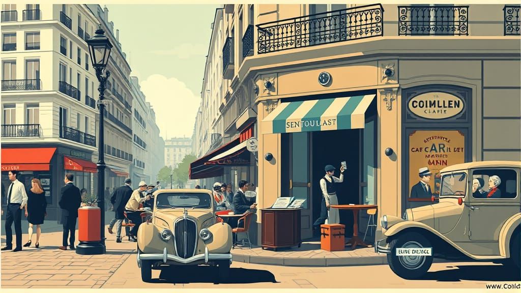 1920s Paris Cafe with Automaton Waiters in Vintage Poster St...