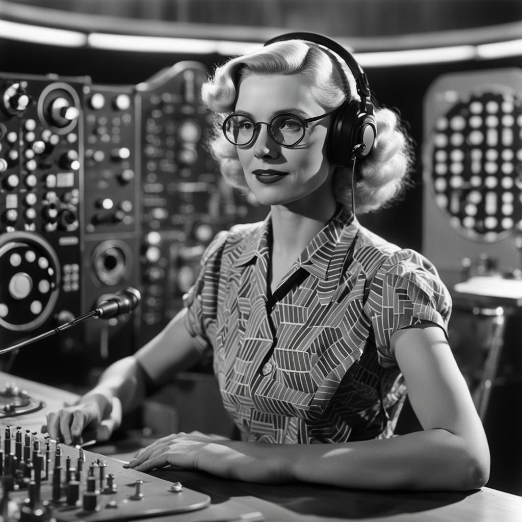 1930s Film Still: Woman in Art Deco Sci-Fi Control Room