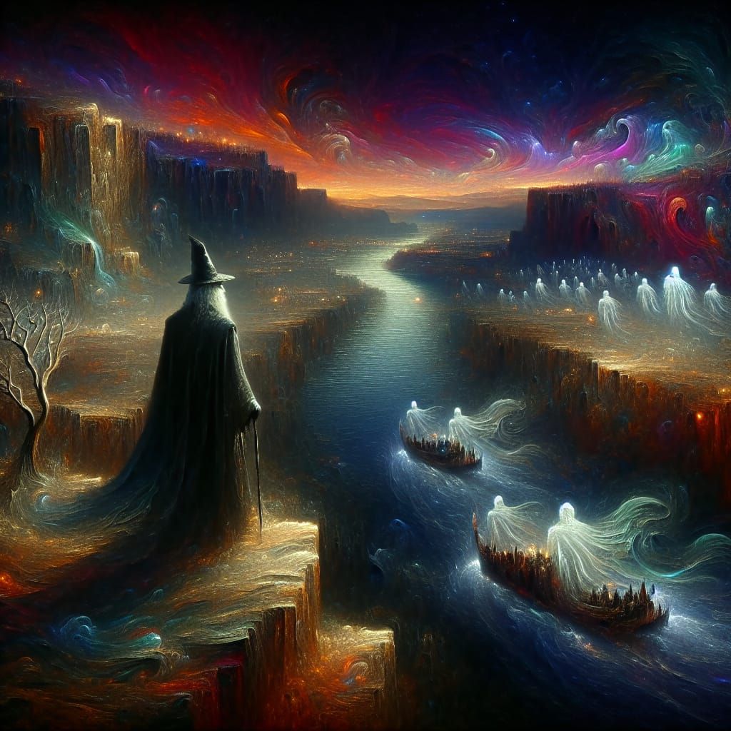 Wizard Overlooking Twilight Valley with Spectral Boat