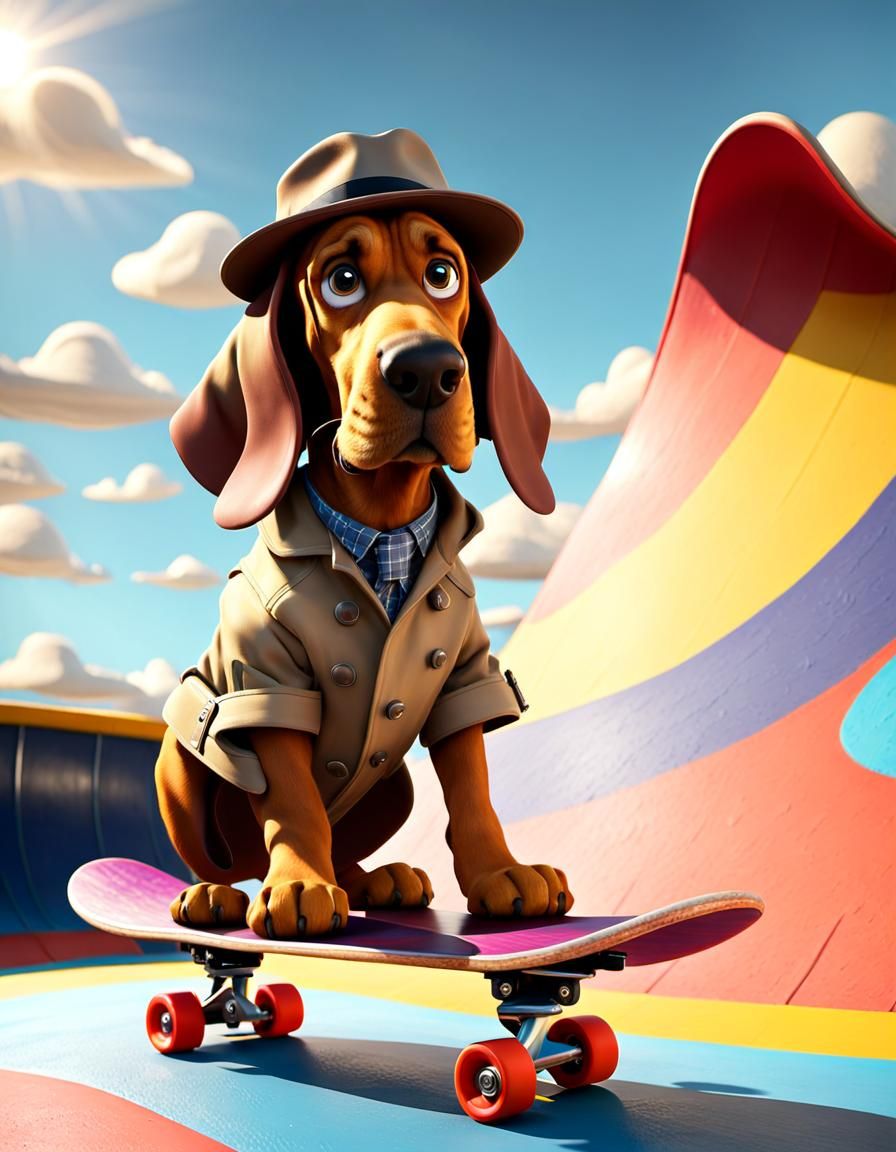 Bloodhound Skateboarder in 3D Cartoon Style