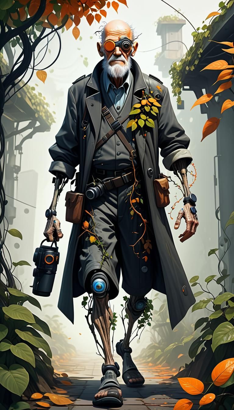 Biopunk Old Man with Botanical Prosthetics