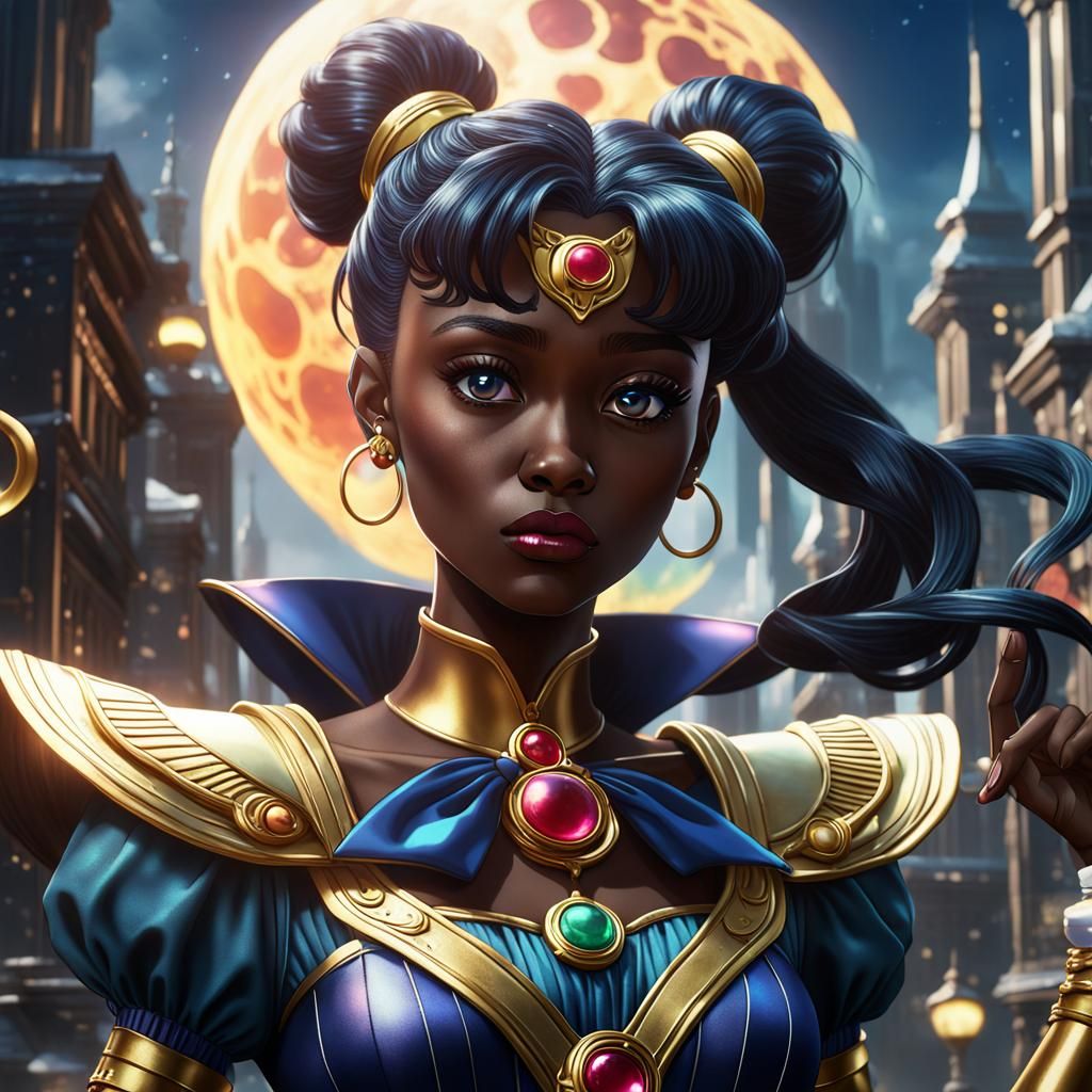 Black Woman as Sailor Moon in Detailed Digital Painting