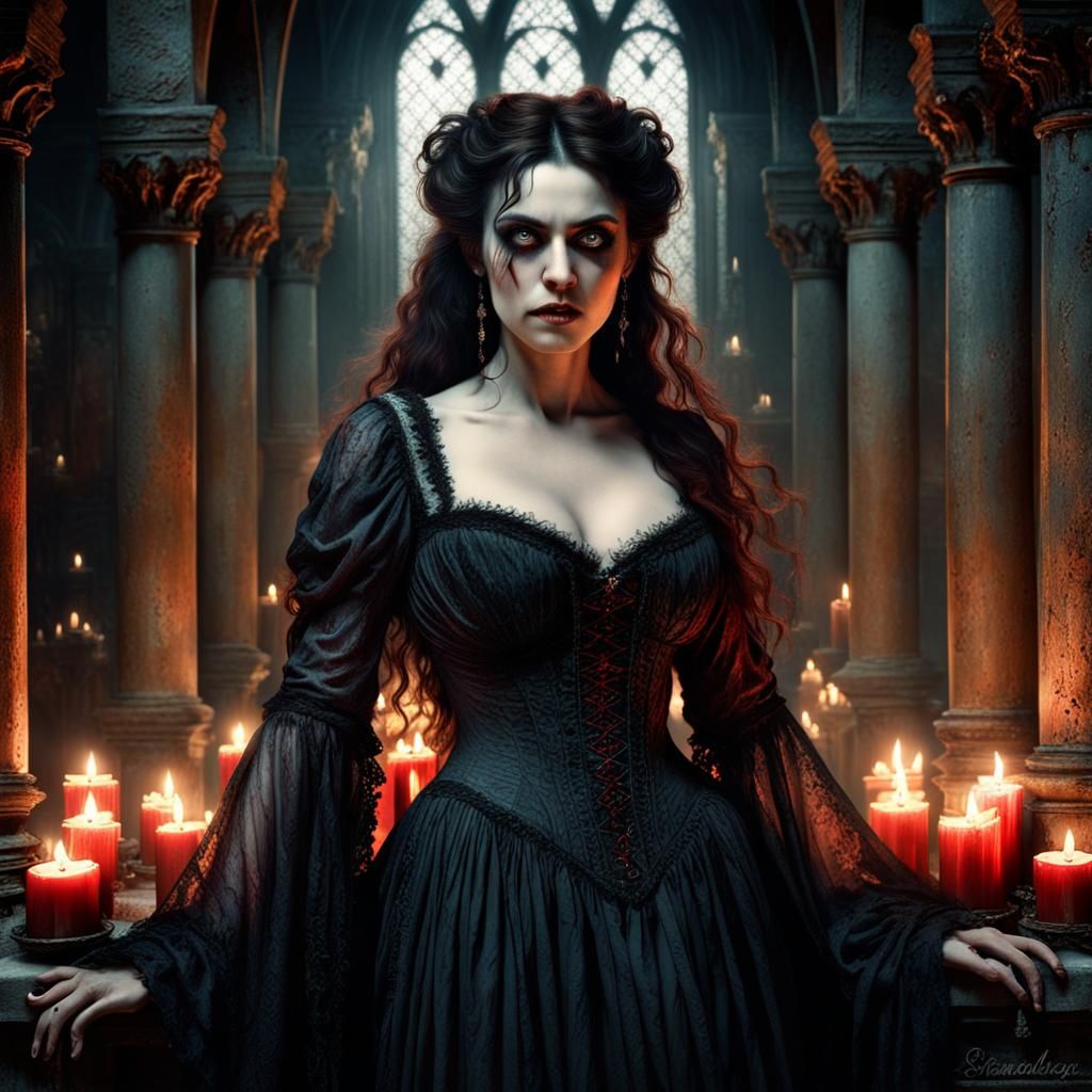 Gothic Vampire in Candlelit Chamber, Detailed Matte Painting