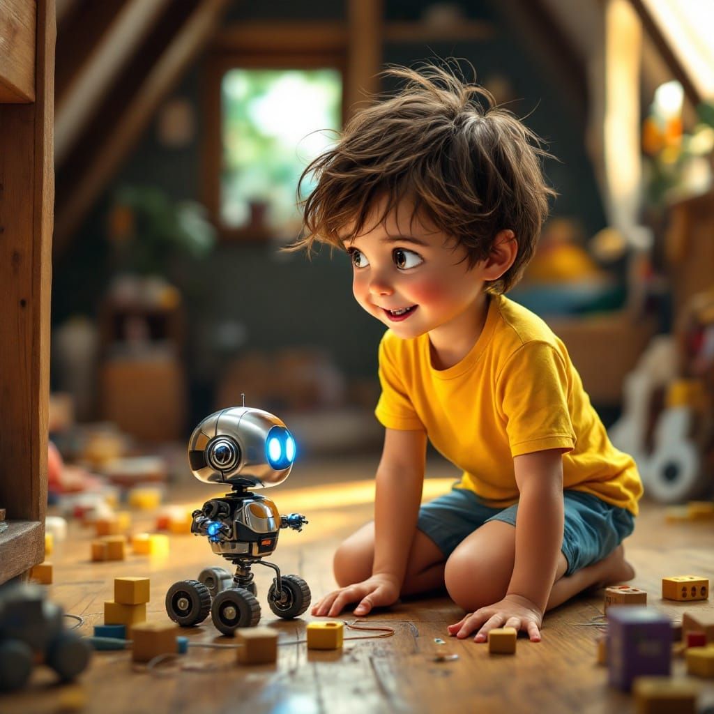 Whimsical Boy Plays with Shiny Robot in Cozy Attic Playroom