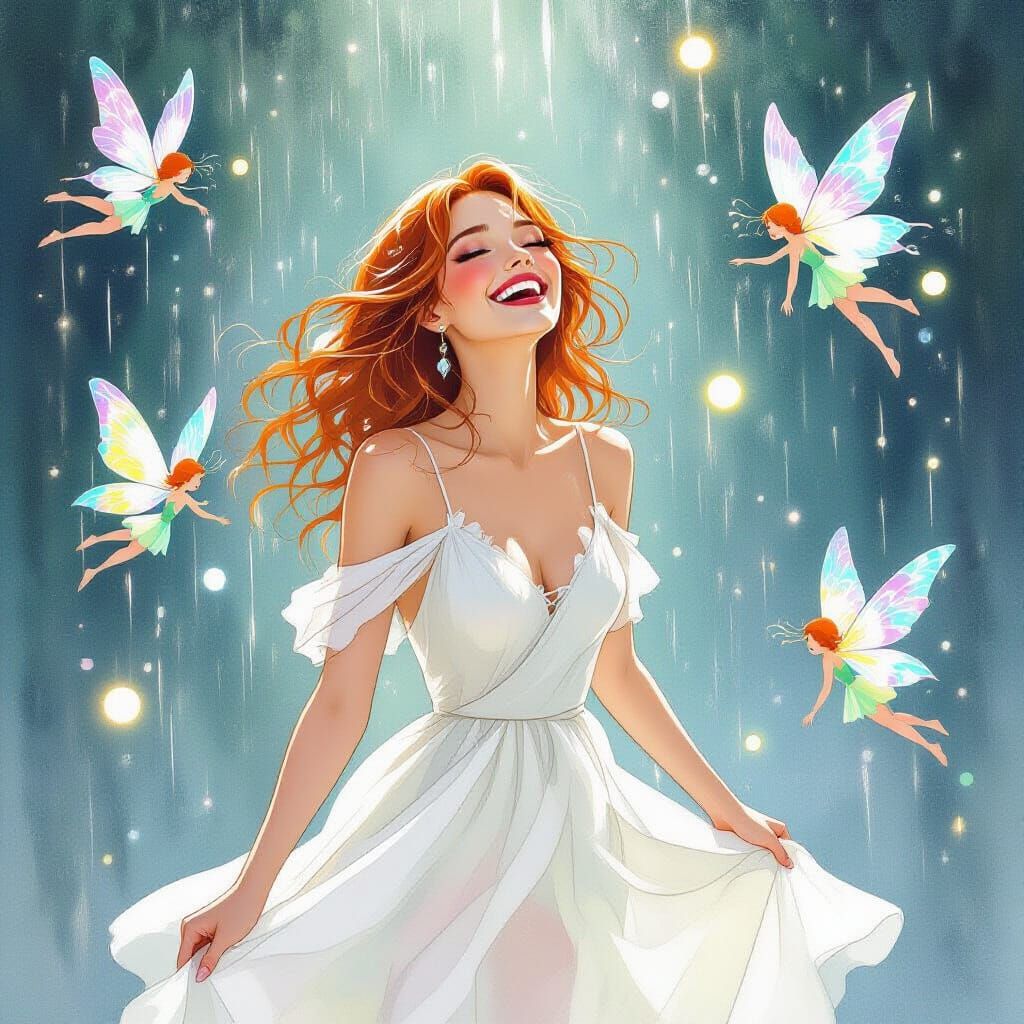 Woman Laughing in Whimsical Rain with Fairies and Orbs