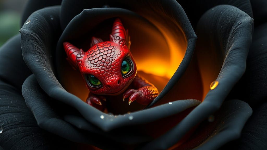 Whimsical Crimson Dragon Emerges from Dark Rose