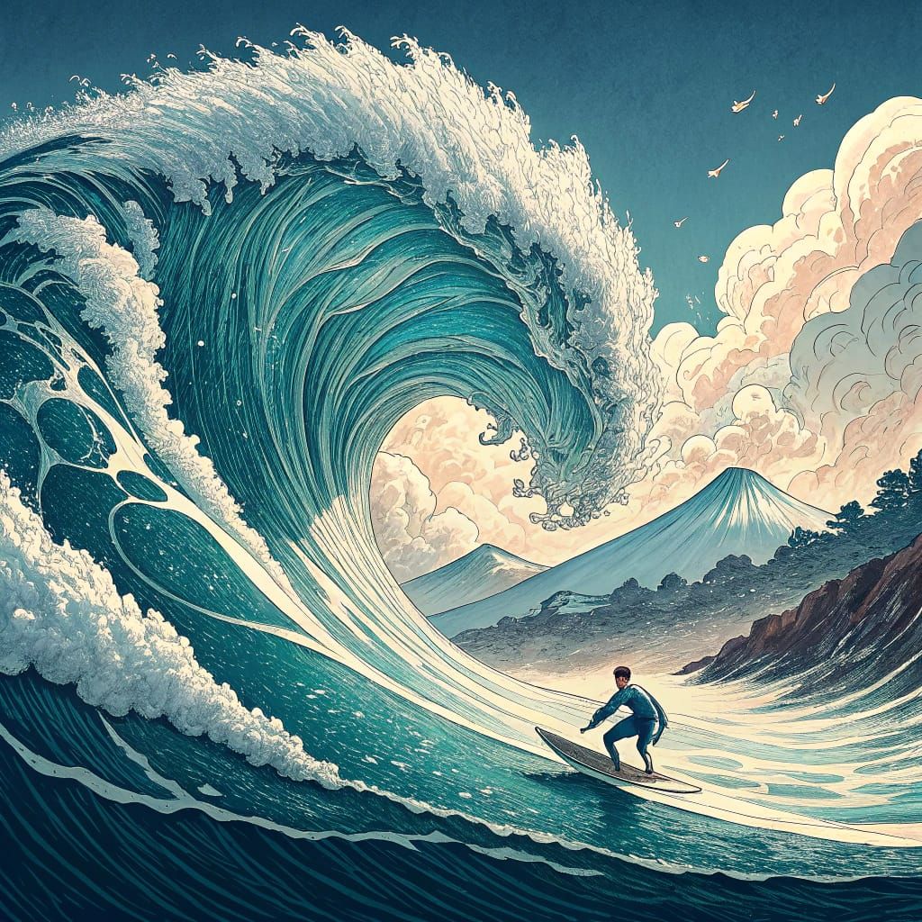 Sweeping Hokusai Wave in Action, Surfer Rides the Foamy Barr...
