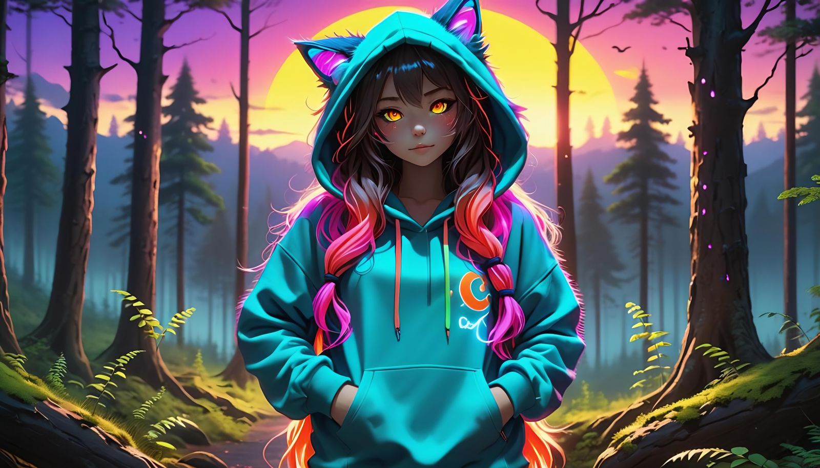 Anime Cat-Girl in Hoodie at Sunset