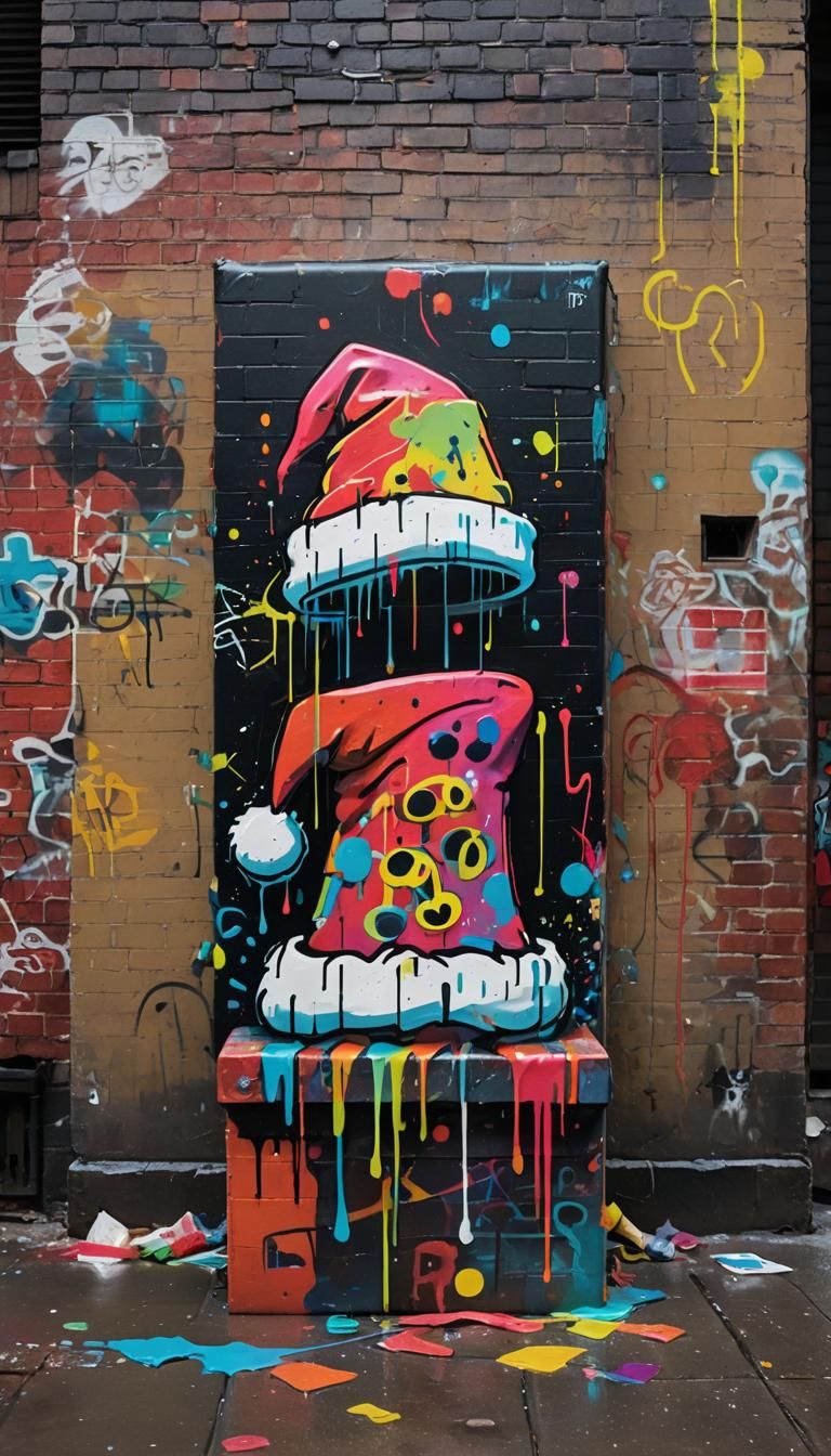 Neon Graffiti Melting Santa Hat in Alleyway