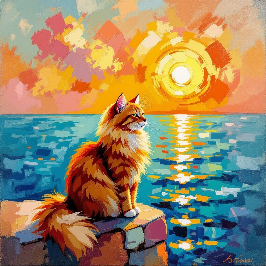 Fluffy Orange Cat on Adriatic Coast Abstract Art