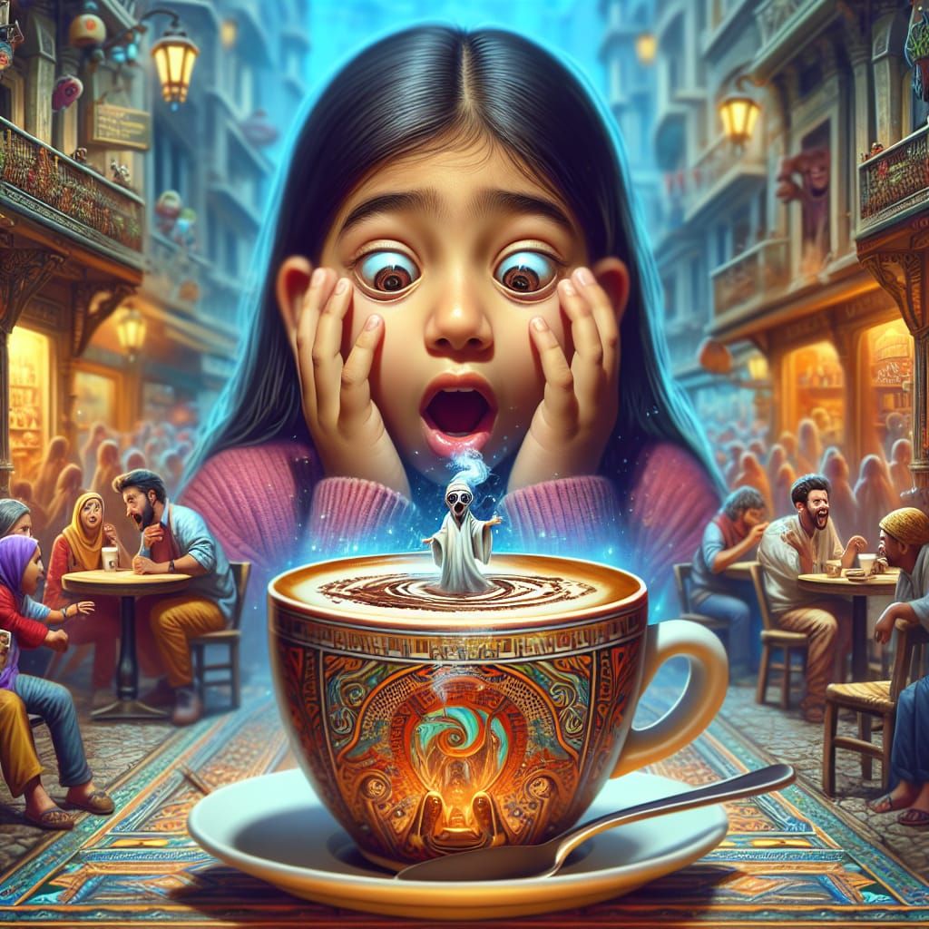Girl Shocked by Ghost in Cappuccino, Fantasy Art