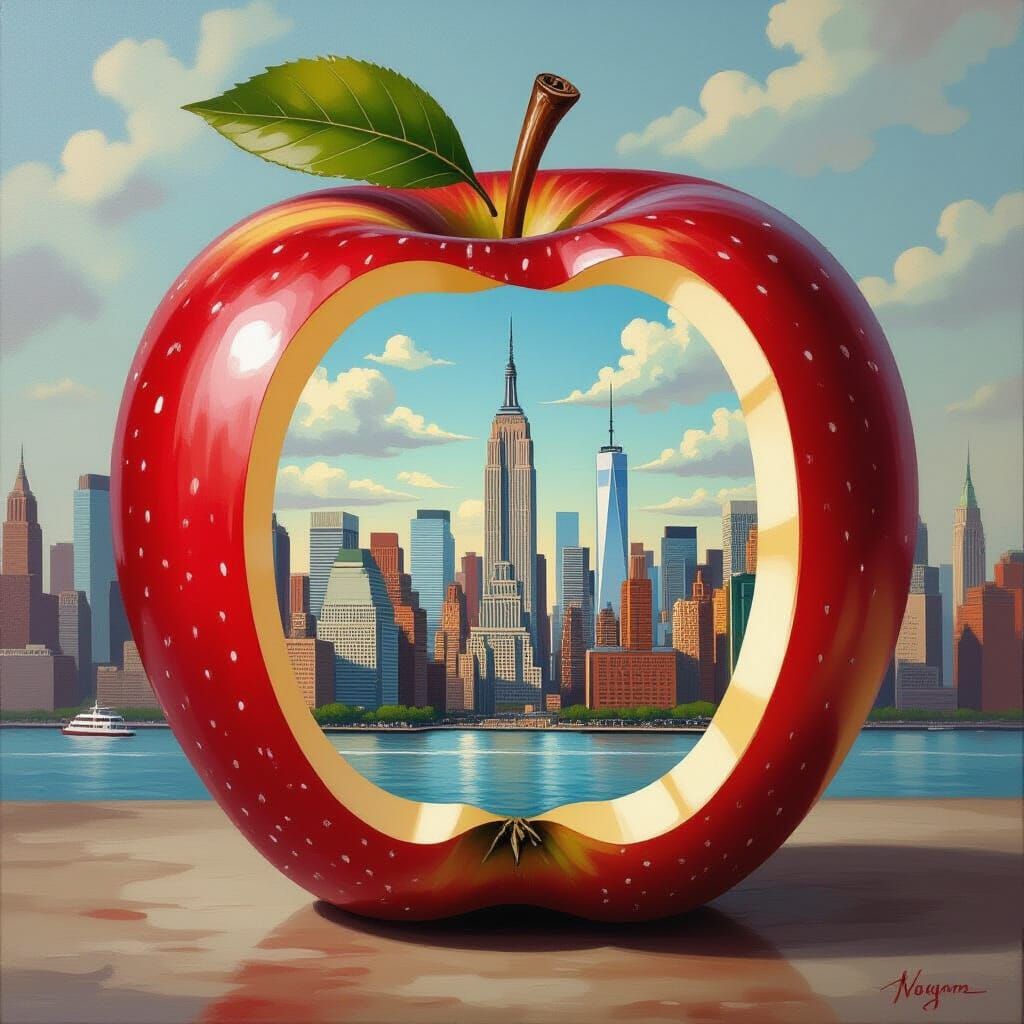 Red Apple with NYC Skyline Inside, Oil Painting