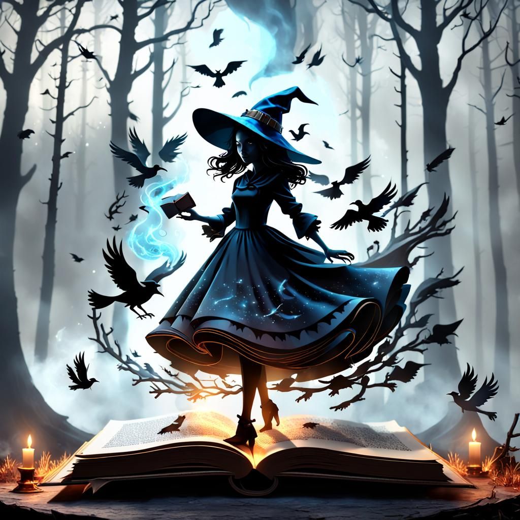 Witch Silhouette in Pop-Up Book Fantasy Art