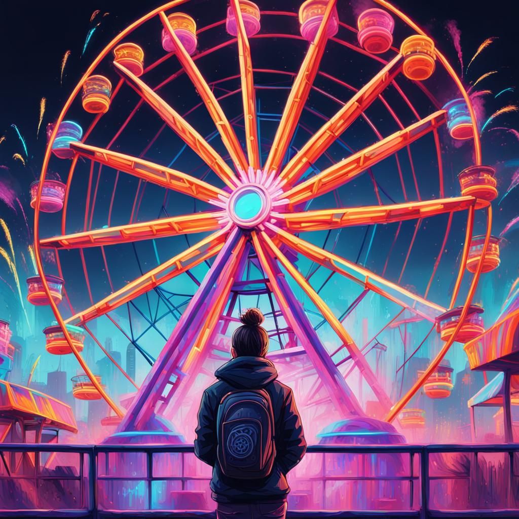 Futuristic Neon Theme Park Ferris Wheel at Night