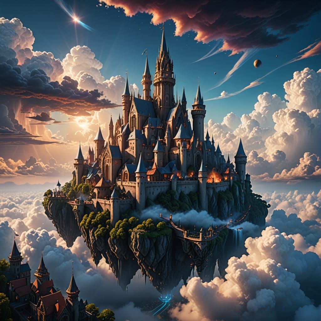 Medieval Fantasy City Floating on Cloud, Fairy Lighting