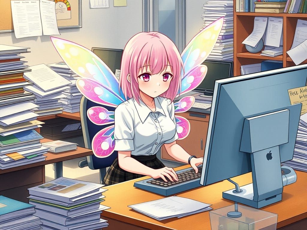 Anime Fairy Works at Office Desk in Whimsical Style