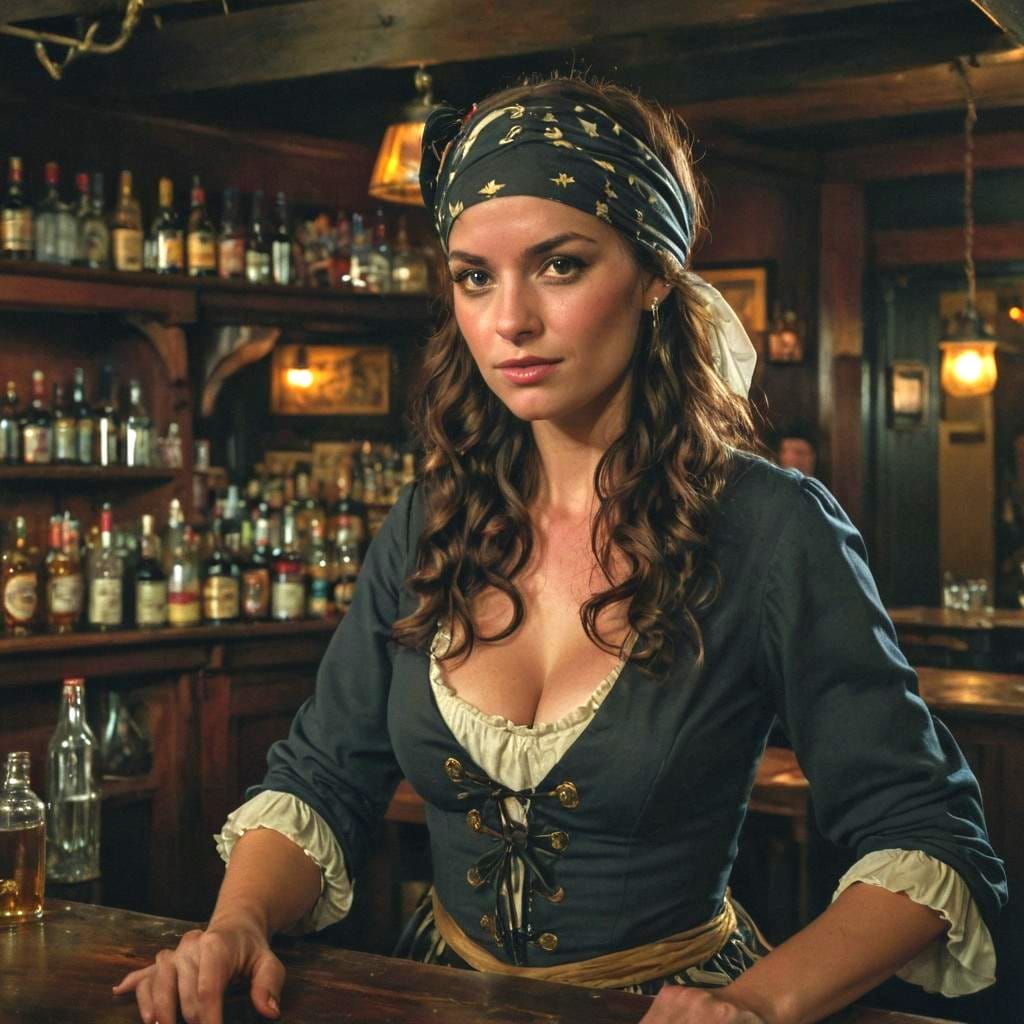 Colonial bar wench, working in a pirate bar in Savannah, rowdy vibe, scant clothing, beautiful, long wavy brunette, head...