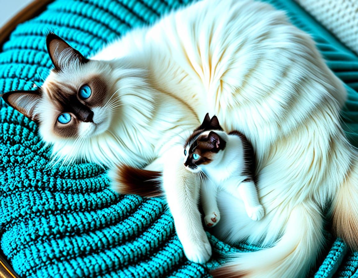 Birman Mother and Kitten in Sunlight