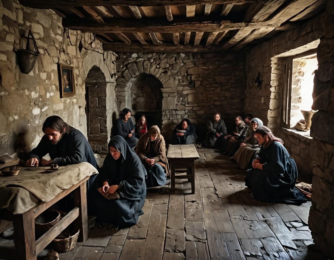 Crowded Medieval Squalor: A Dark Interior Scene