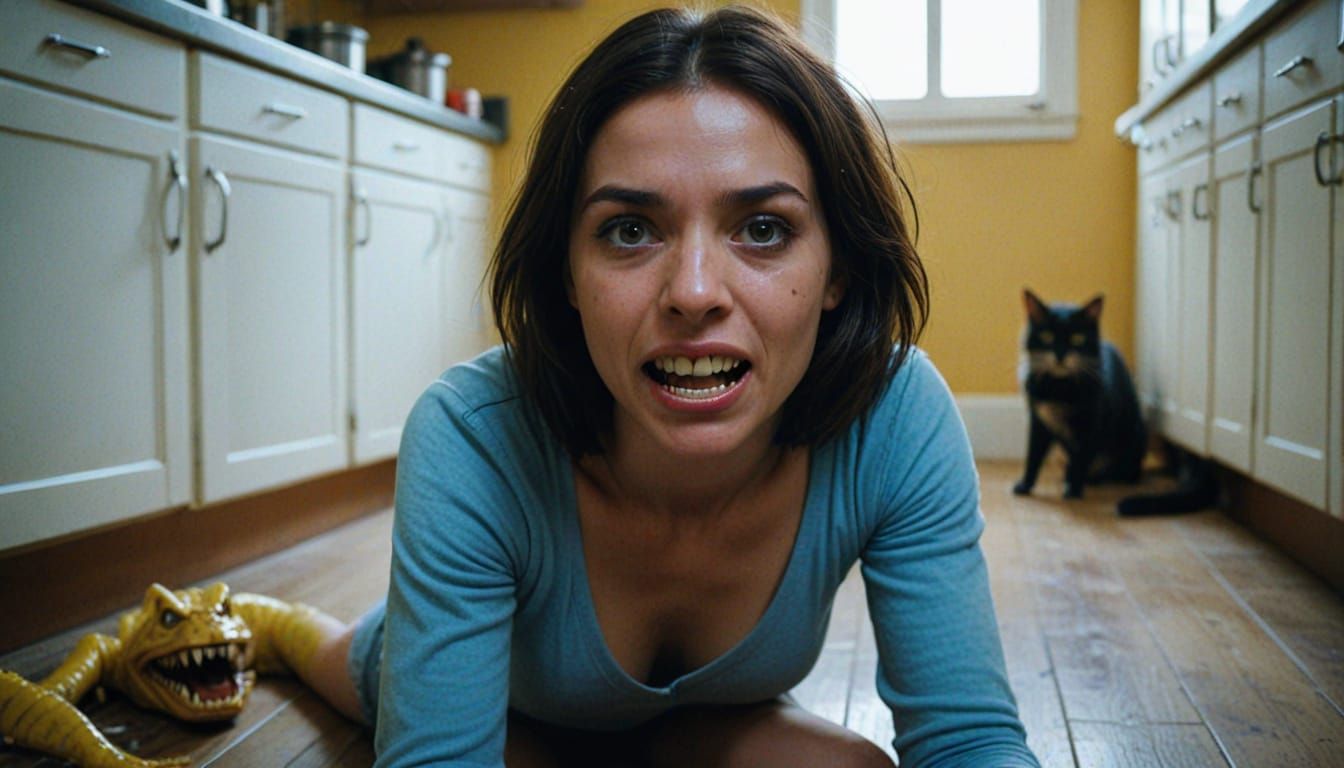 Terrified Woman Surrounded by Teeth in Fauvism Style