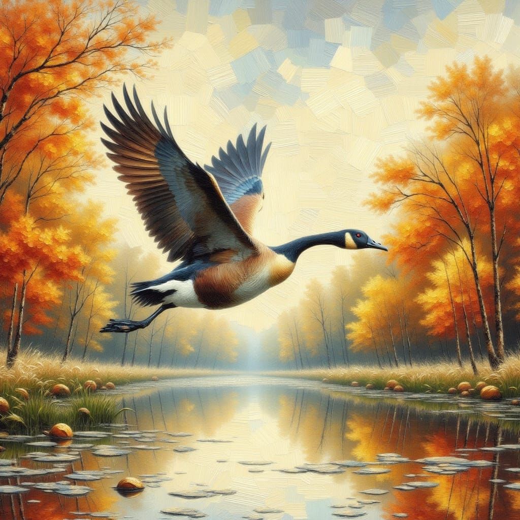 <lora:Impasto oil:1.0> a beautiful goose in flight migrating over a pond among fall trees vintage country style fine lin...