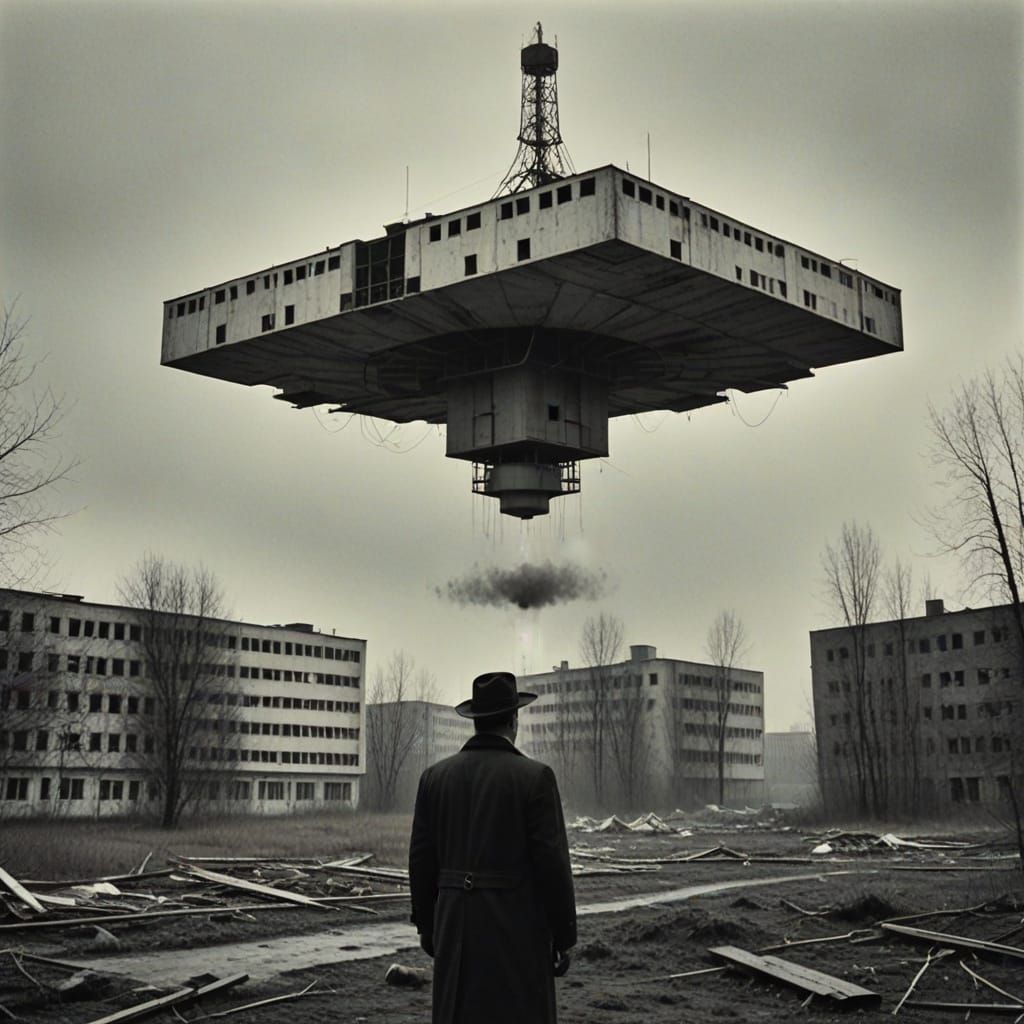 a surreal, low-quality black and white photograph of a bruta...