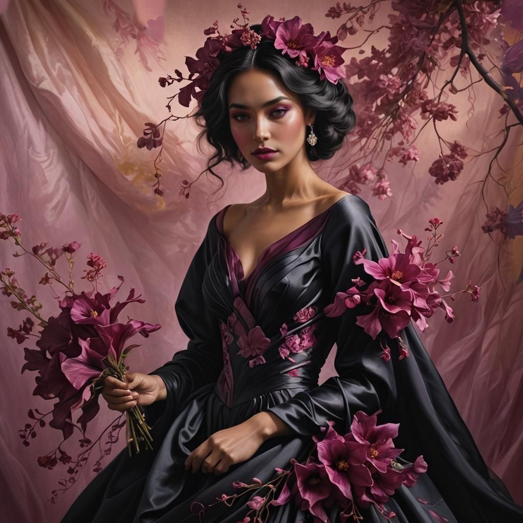 Woman in Magenta Gown with Flower Bouquet