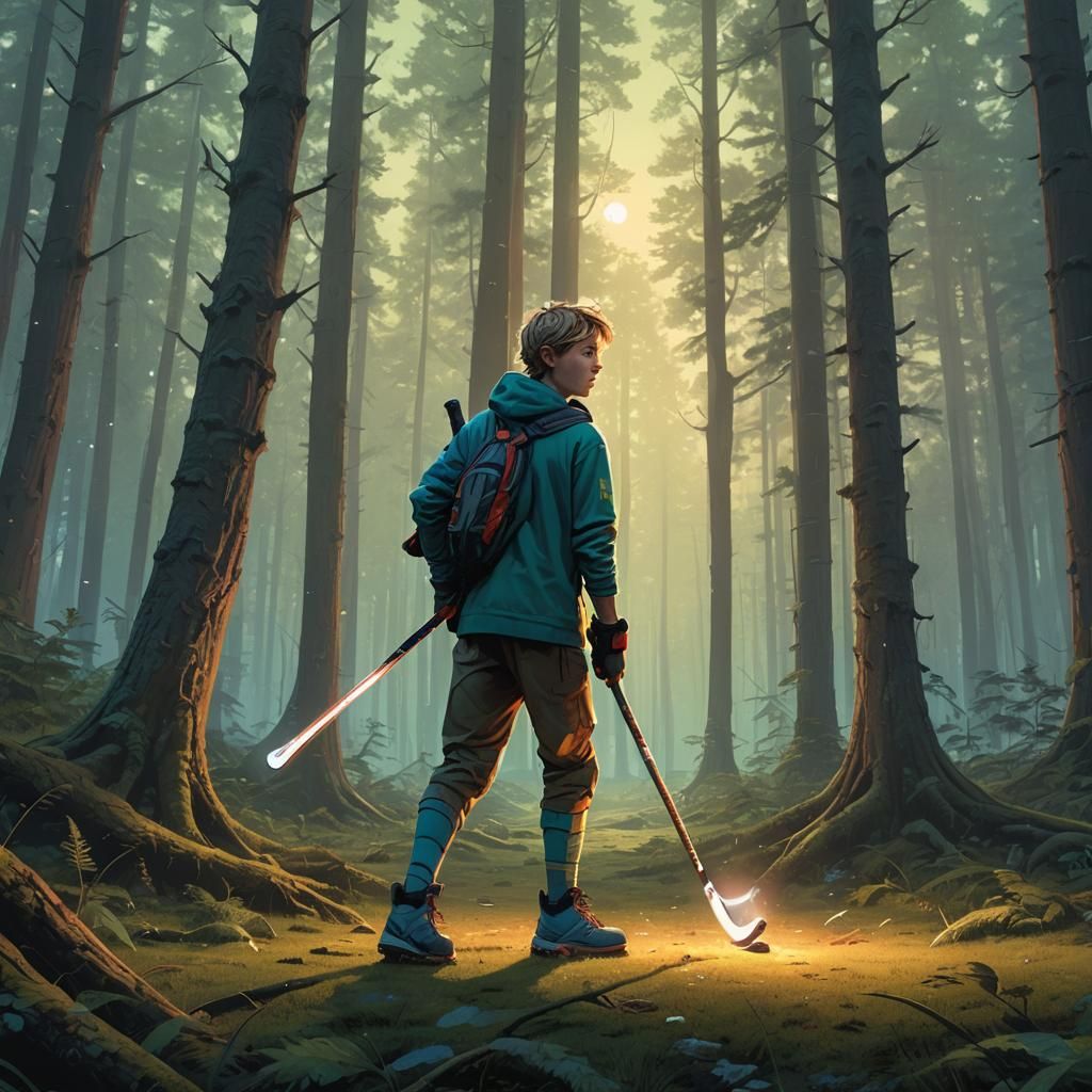 Boy Playing Hockey in Mystical Forest: Matte Painting