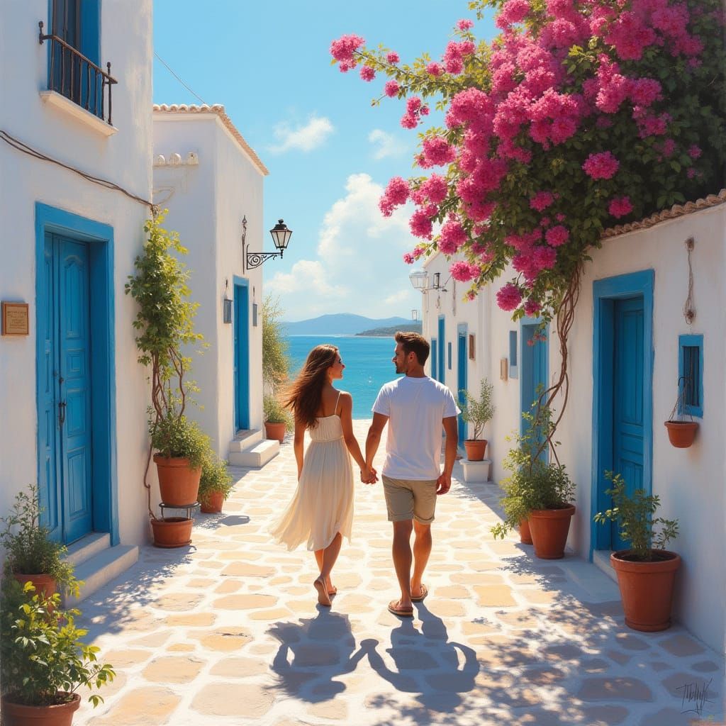 Romantic Couple in Sun-Drenched Greek Village